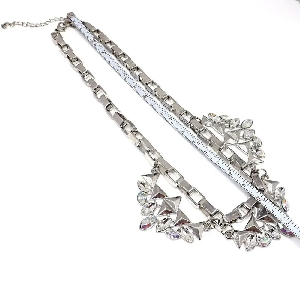 Silver Tone Statement Necklace, Aurora Borealis Rhinestones, 20 Inches